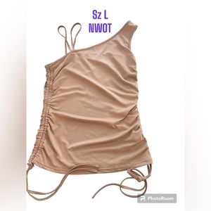 One Shoulder Rouched Top Beige Tan sz L 8-10 NWOT Adjustable Sides Modest Shein